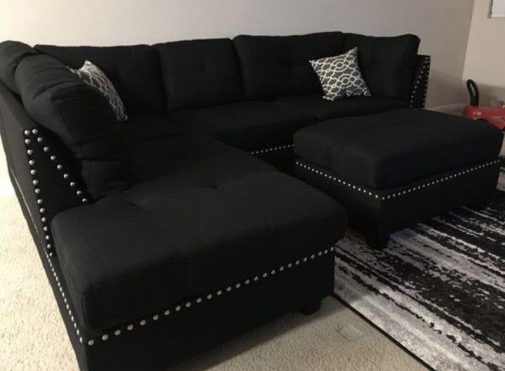 Brand New Black Linen Sectional Sofa + Ottoman (New In Box) 