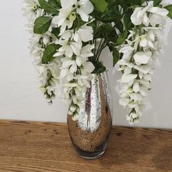 Silver Vase With White Fake Flowers