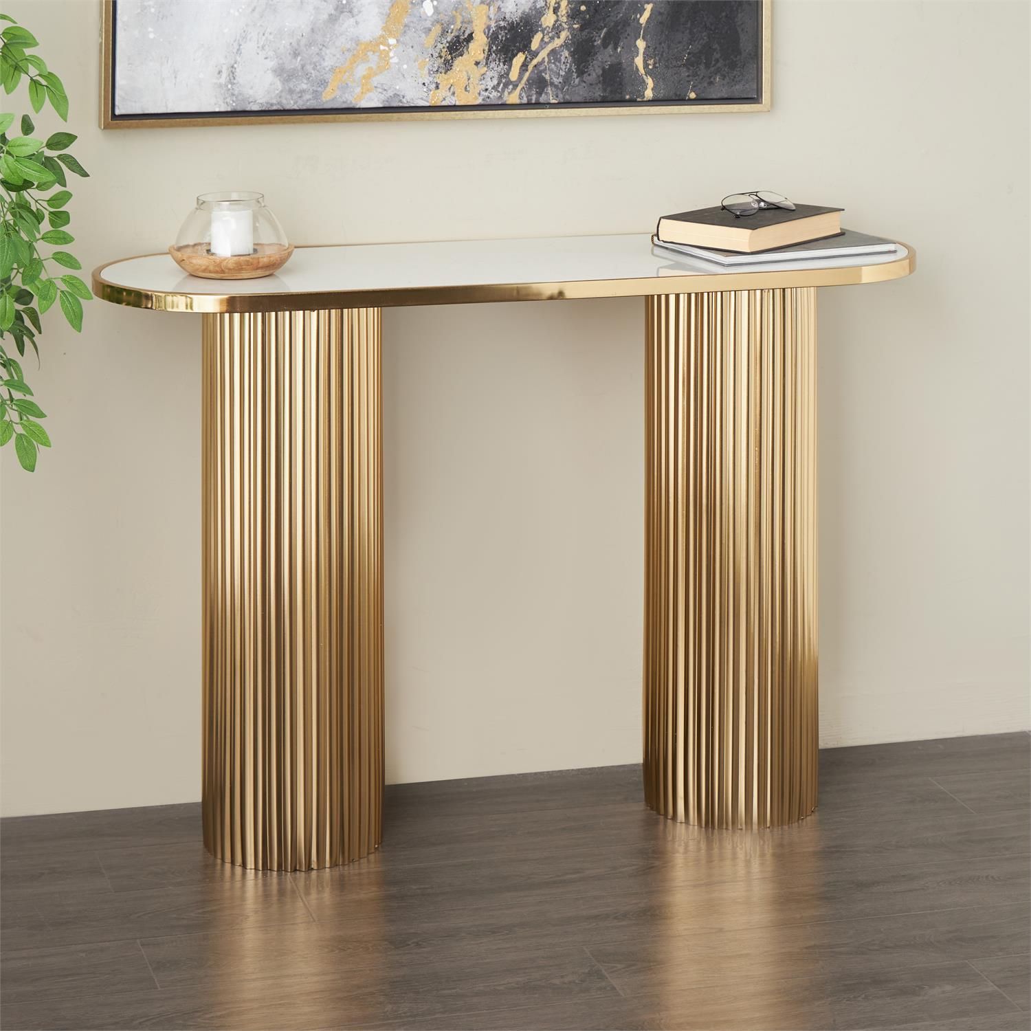 New New New!!! Gold Metal Console Table With Marle Tabletop and Ribbed Legs!!!
