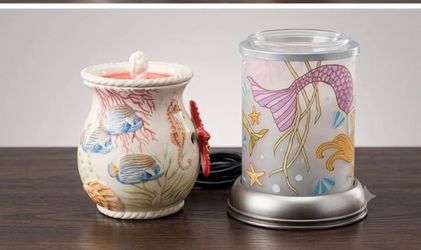 Two Scentsy Coastal Electric Warmer Pair: Mermaid & Sea Life Designs (With Dishes)