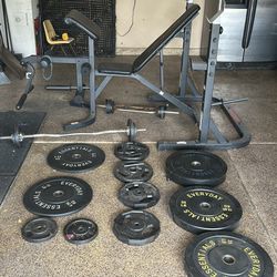 Weight Bench And Weight Set With Bench Press Bar