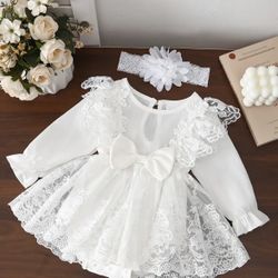 2pcs Set Of Baby Girl Floral Embroidery Mesh Lace Bow Long Sleeved Skirt Ha Yi&three-dimensional Floral Headscarf Palace Style Washed Dress Princess S