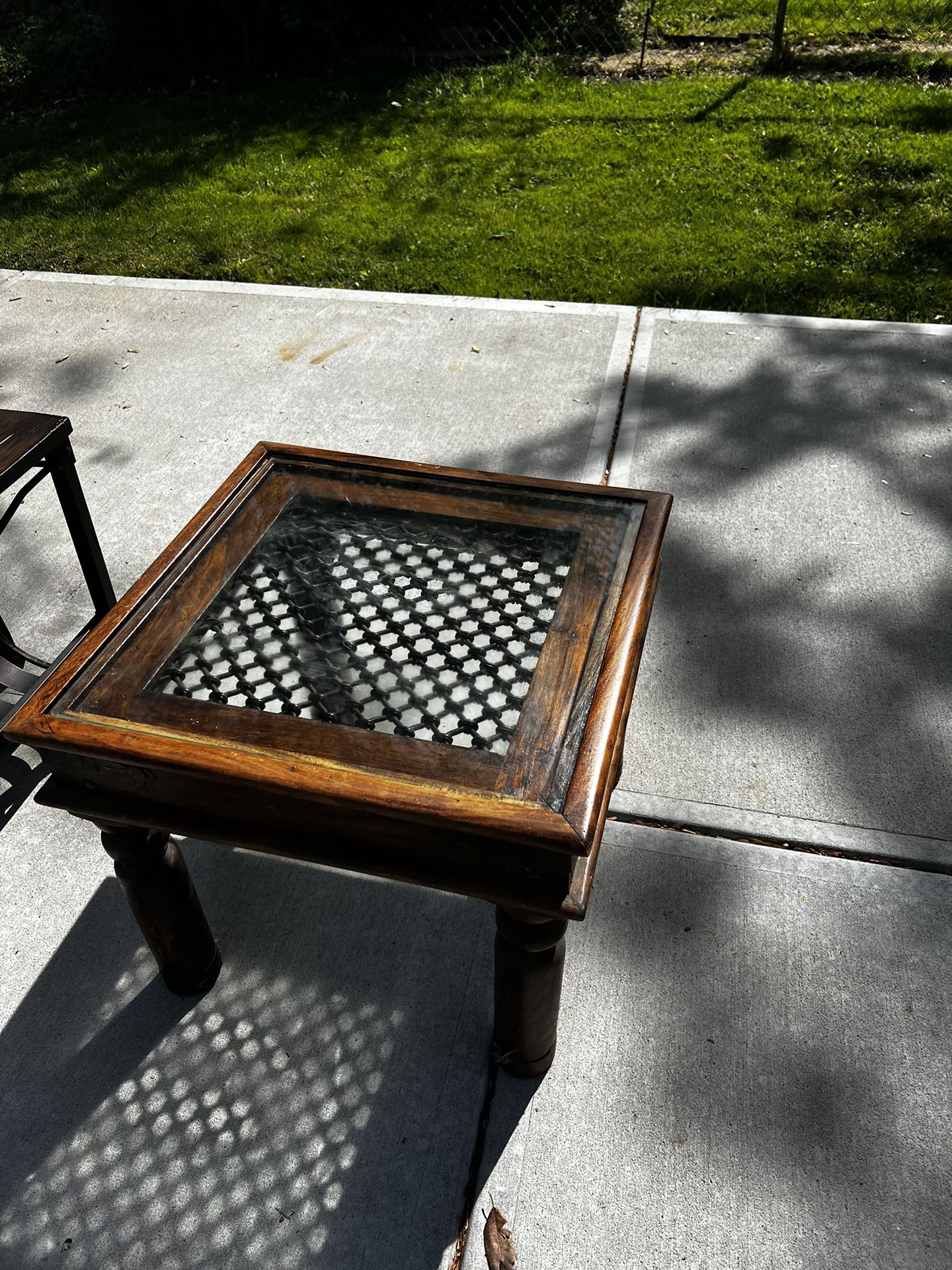 Wood And Metal Table, With Glass Insert