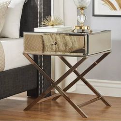 Mirrored end accent table with a drawer - champagne gold - NEW