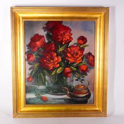 Red Rose Flowers Floral Vase Teapot Kettle Original Art Artwork Decor 26”x30”x2”