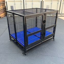 (NEW) $190 Folding Heavy Duty Dog Cage 41x31x34” Double-Door Stackable Kennel w/ Divider, Plastic Tray