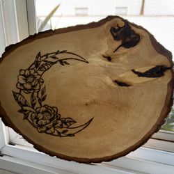 Moon Gift Bday Birthday Wedding Coaster Wall Decorations Centerpiece Wood Burning Art Pyrography Handmade Customized Flowers Present