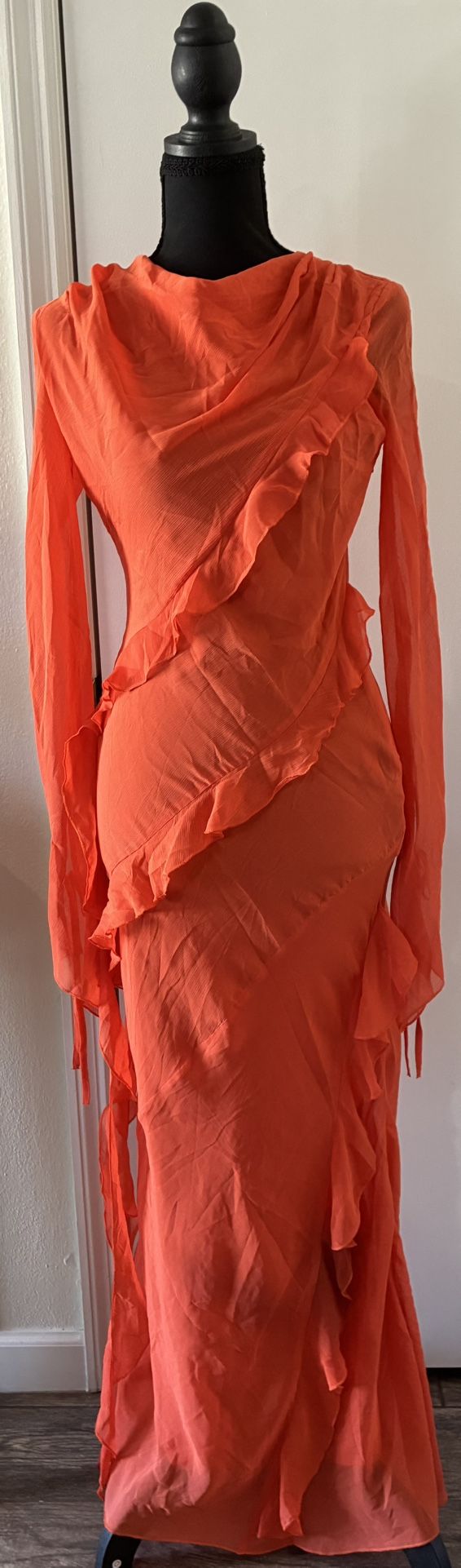 Orange Maxi Dress With Ruffles, Long Sleeves