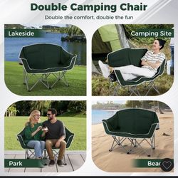 Costway Double Duo Camping Chair with Armrests Cup Holders Carry Bag Heavy Duty Lawn Chair 