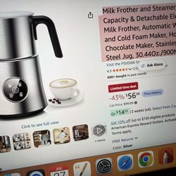 Milk Frother and Steamer, Large Capacity & Detachable Electric Milk Frother, Automatic Warm and Cold Foam Maker, Hot Chocolate Maker, Stainless Steel 