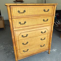 Vintage FAUX BAMBOO Tallboy, Broyhill Highboy Dresser 5 Drawers, Faux Bamboo Coastal, Chinoiserie Style.