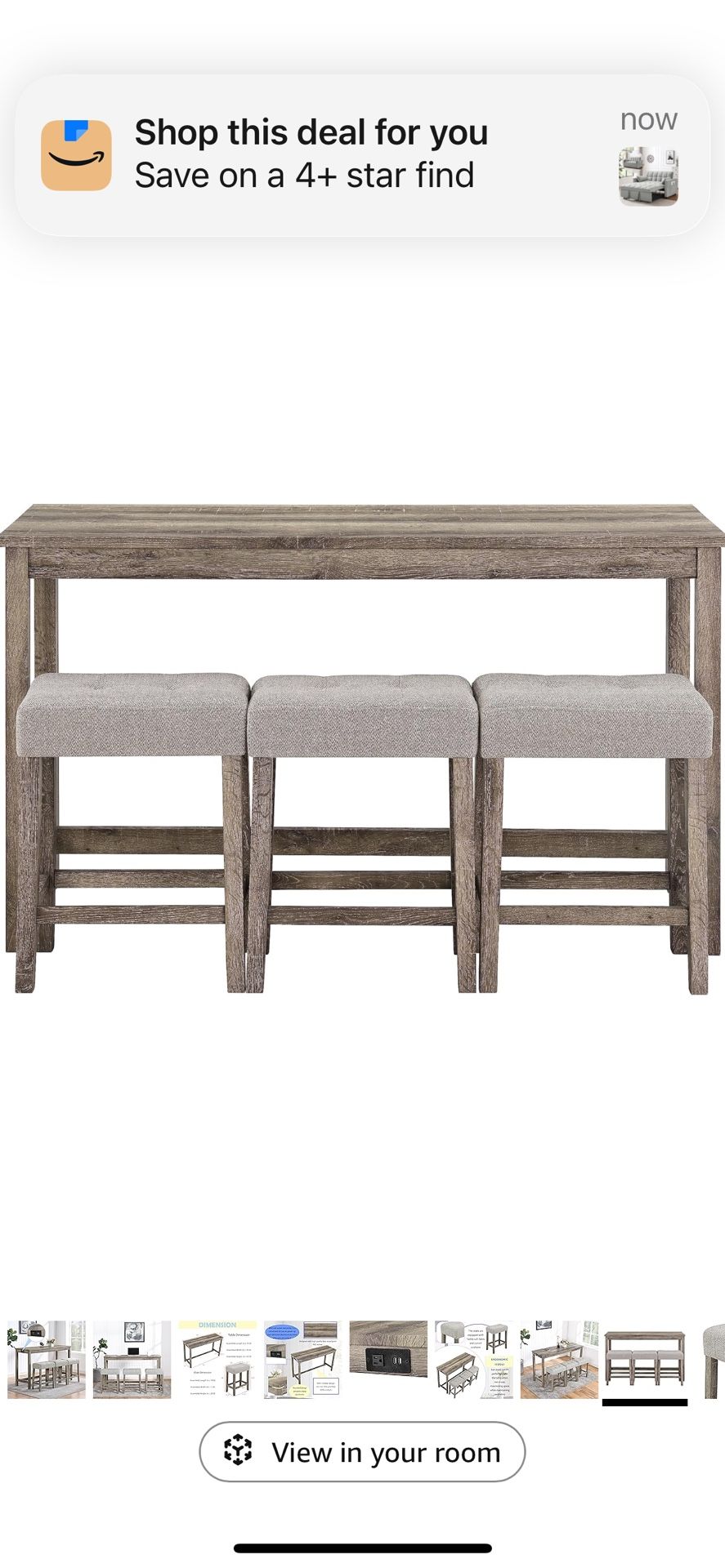 4 Piece Bar Table Set with Power Outlet,Dining Bar Table and Chairs Set,Industrial Breakfast Table