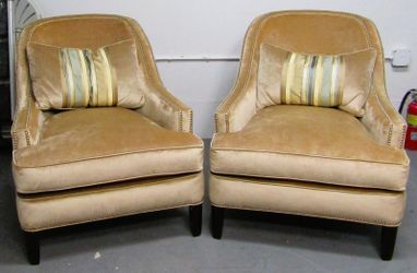 Pair of Century Furniture Velvet Upholstered Nail Head Lounge Chairs and Pillows