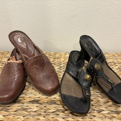 Women’s 2 pairs of Clarks Leather Wedge shoes sandals Black & Brown - size 8