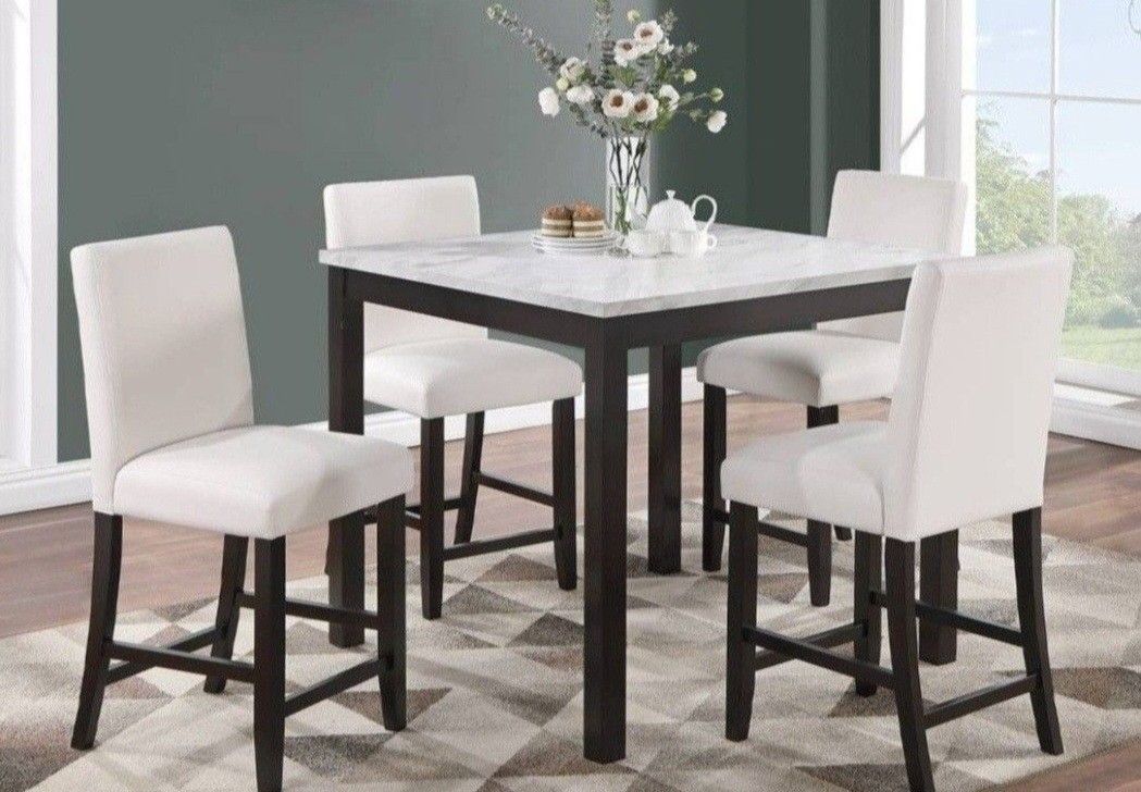 ✅️✅️5 pc dark finish wood white faux marble top square counter