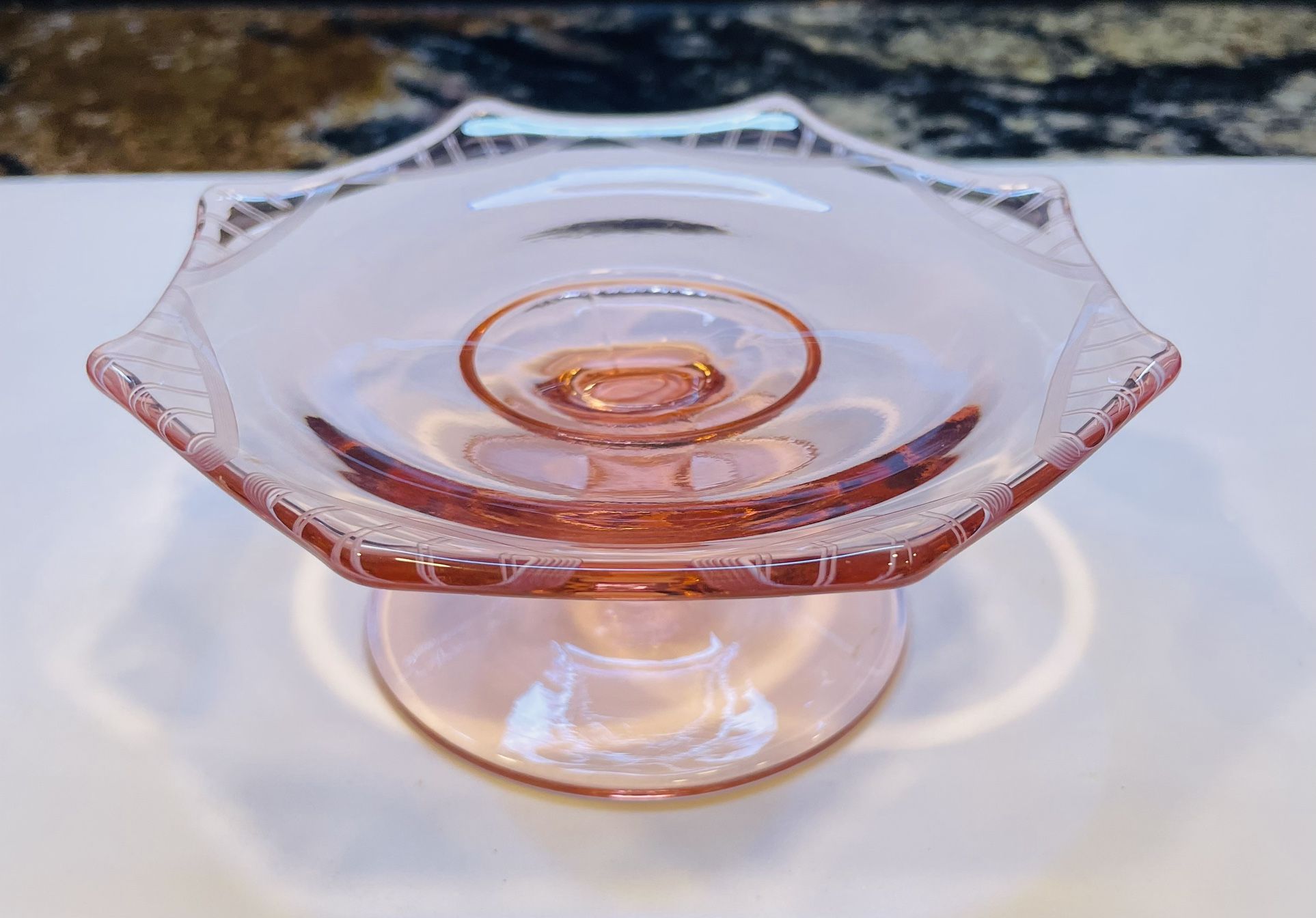 Vintage And Adorable! Pink Depression Etched Pedestal Dish 