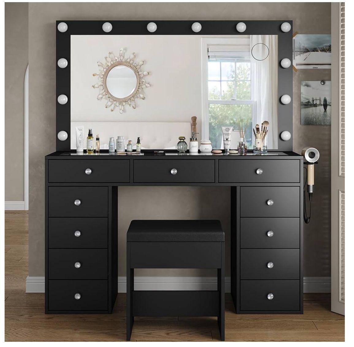 Vanity Desk w/ Mirror, 12 LED Lights & Power Outlet