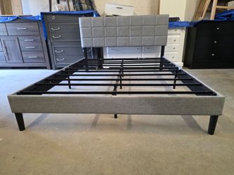 Gray Fabric Queen Size Platform Bed Frame