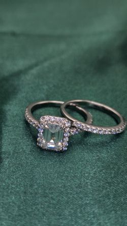 VVS D Moissanite Emerald Cut Halo Bridal Set 925 Sterling Silver Pave Band Ring