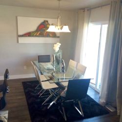 ZGallerie Axis Dining Table with 6 Bonded Leather Chairs with Polished Stainless Steal Bases