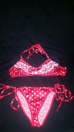 Red and white polka dot scrunch bikini