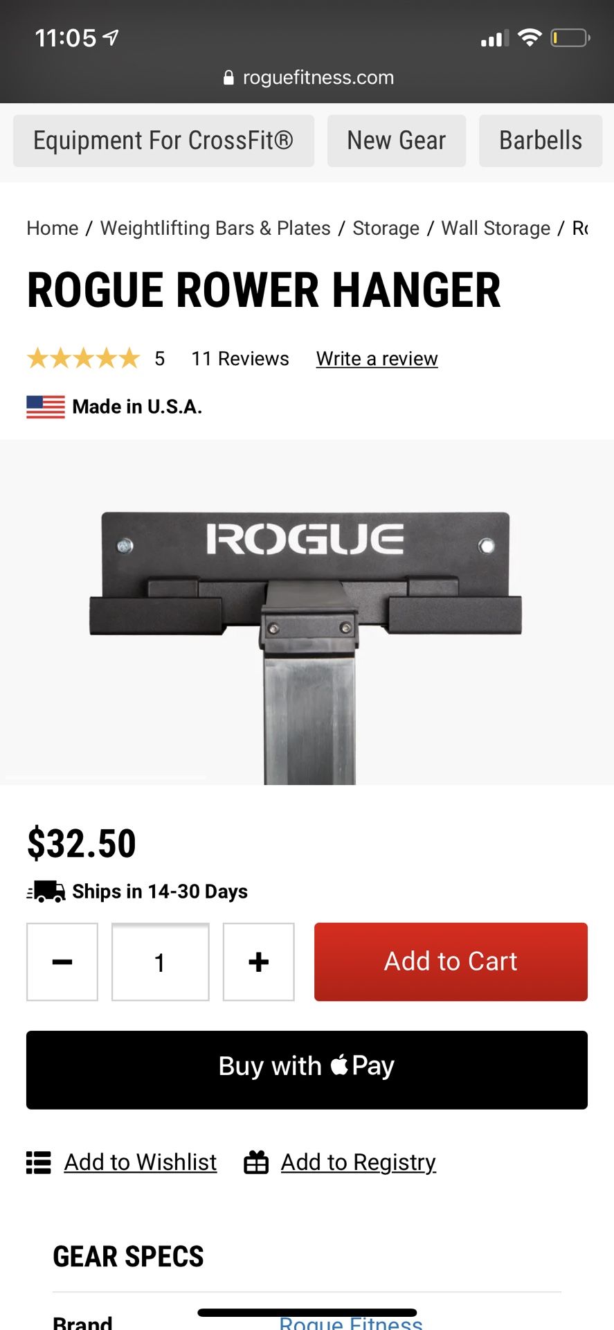 Rogue Fitness Bench / Rower Hanger