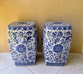 Pair Vintage White & Blue Floral Vine Garden Stool,19" H x 10" W.