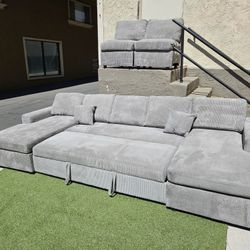 Brand New XL Doble Chaise Sectional W/ Pull Out Bed Light Grey Corduroy $949