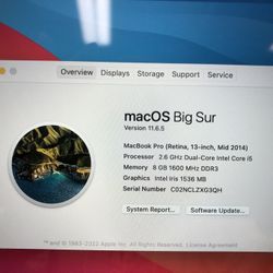 2014 Apple MacBook Pro 13” i5 2.60GHz 8GB RAM 128GB SSD Big Sur Webcam WiFi Bluetooth HDMI