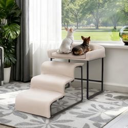 Dog Or Cat Window Perch w/Stairs,Pet Stairs Ramp w/Seat,Dog Perch to Look Out Window,Lounge Elevated Pet Bed,Small Pet Step,Multi-Level Platform