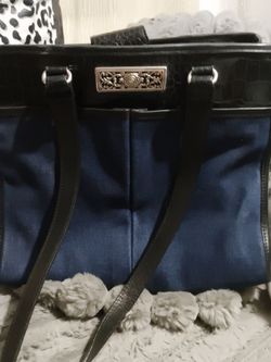 Brighton Blue Fabric and Black Leather Tote Bag