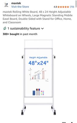 Maxtek Rolling White Board 48 x 24 Height Adjustable Whiteboard on Wheels Magnetic  Easel New In Box