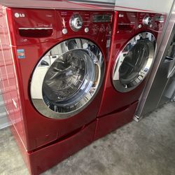 Red color lg front load washer and dryer electric  high  efficiency