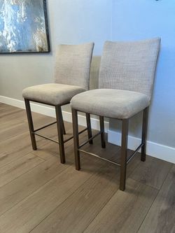 TWO Woven Cream Beige Textured Tweed Upholstery Fabric Counter Stools w/ Champagne Gold Metal Base