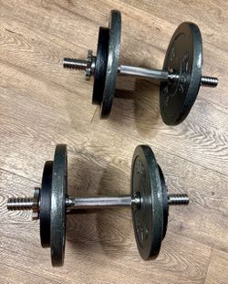 Standard Set of Adjustable Cast Iron Dumbbells, (4) 10s, (4) 5s and NEW Dumbbell Bars.