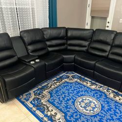 Recliner sofa Black leather sectional couch
