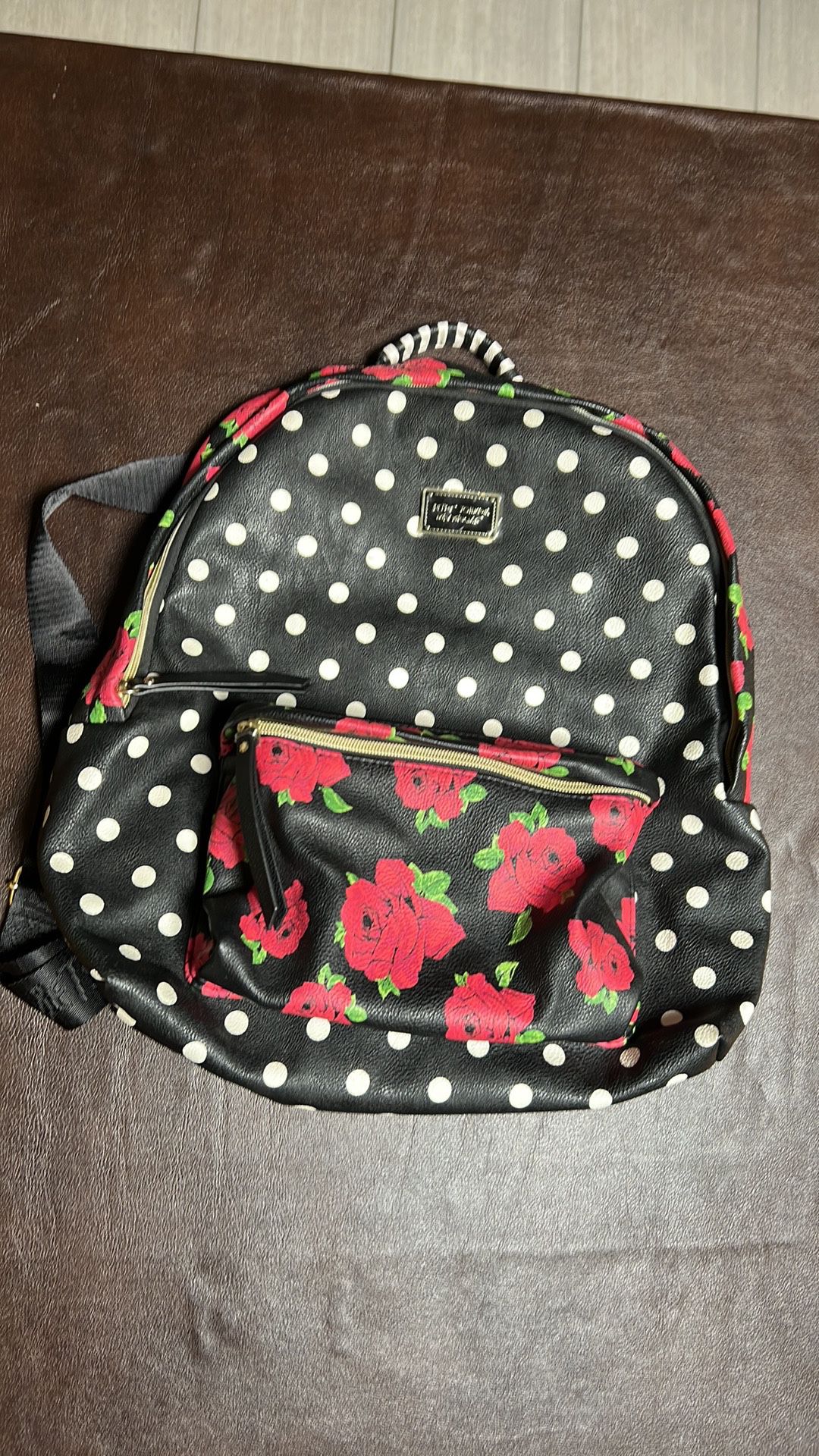 Polkadot & roses, leather, backpack, Betsey, Johnson, NWOT, black, white, red, White 