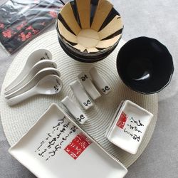 A Set of Asian Dinnerware for Chinese food and Japanese Sushi