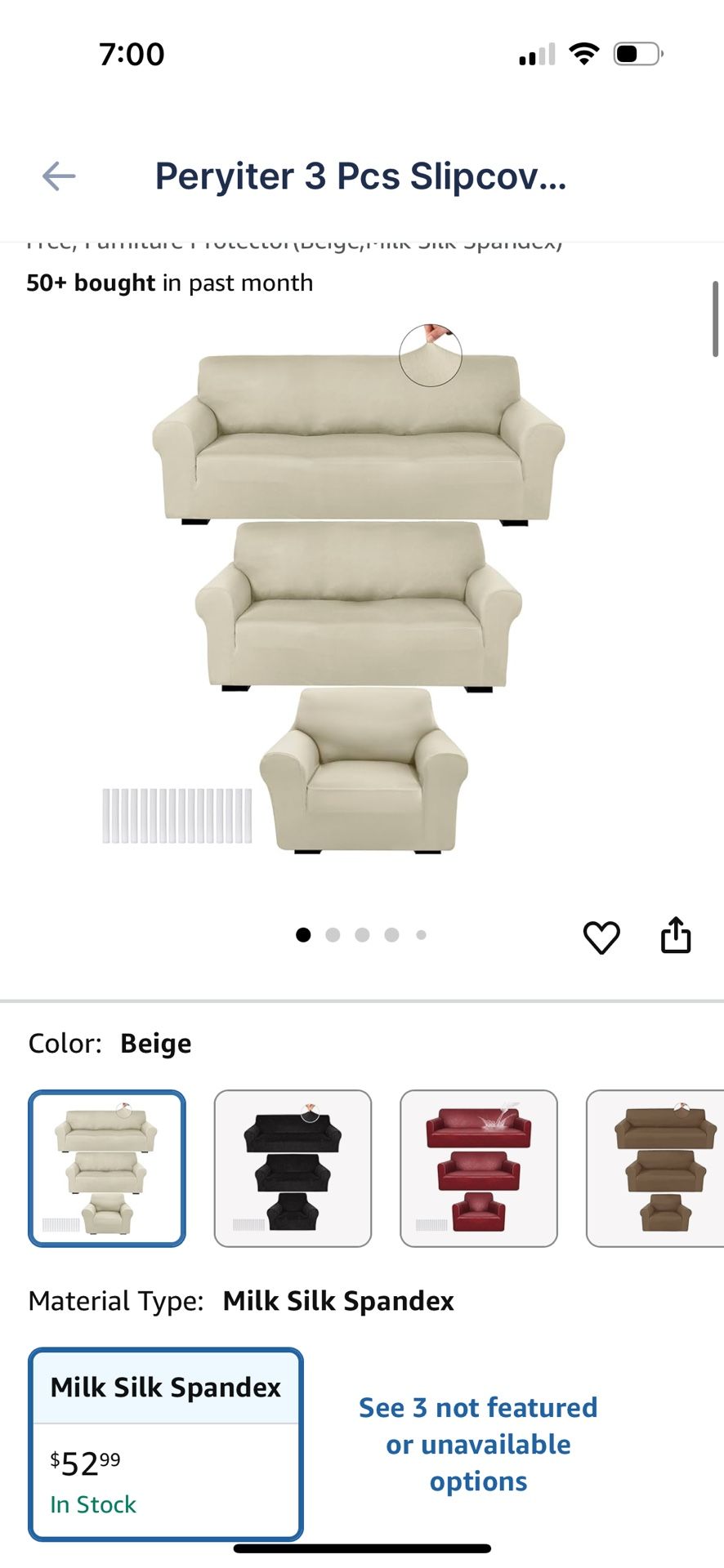 Three-piece slip cover for couch, loveseat, and chair