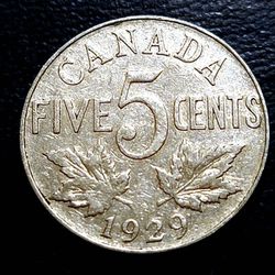1929 Canada 5 Cent Coin * King George V