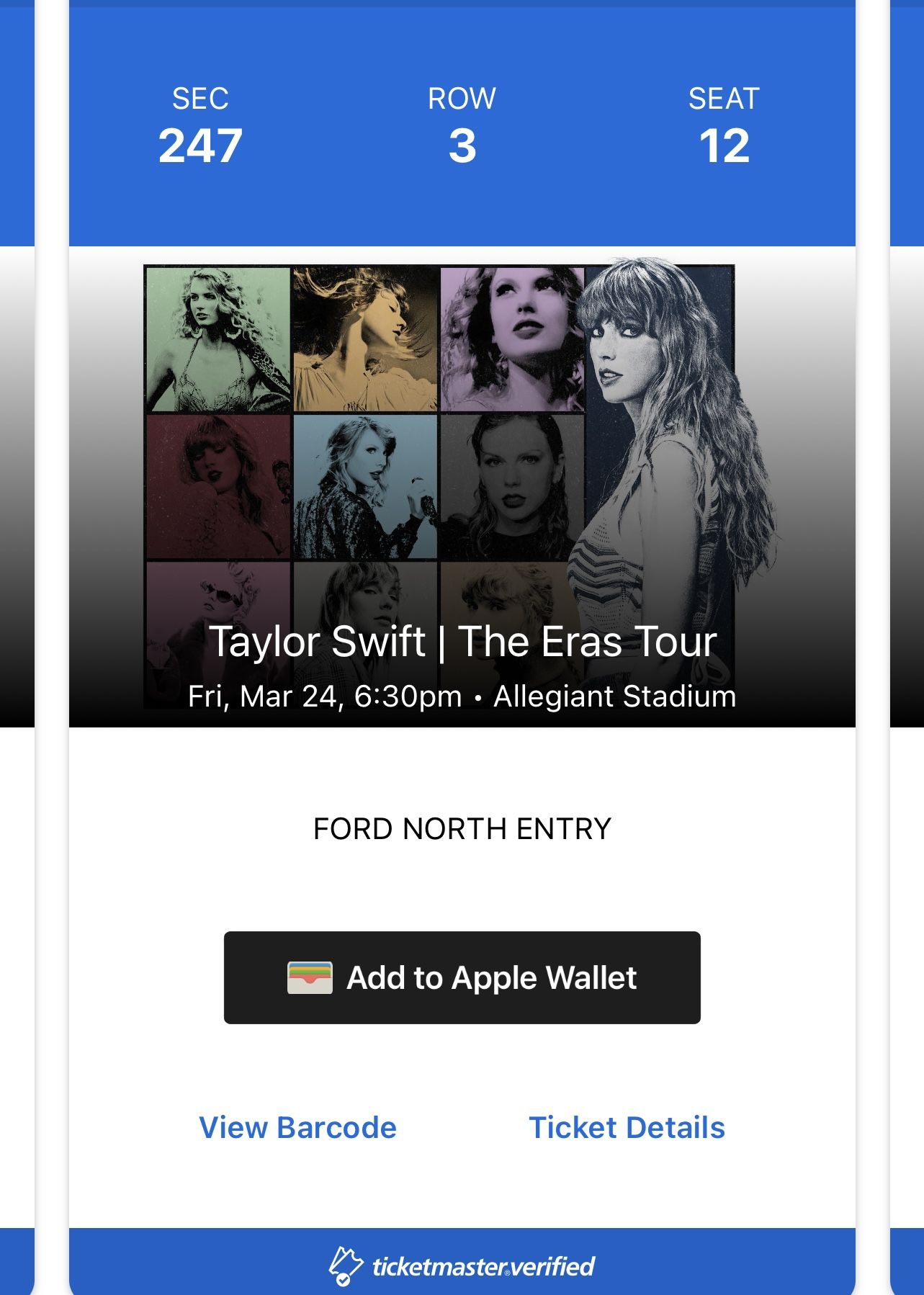Taylor Swift Tour tickets 3/24/23 Allegiant Stadium Section 247 Row 3 $3200 For All 4 Seats