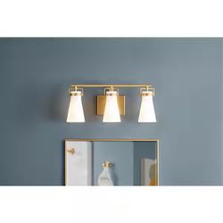 22” Satin Brass 3-Light Bathroom Vanity Light w/ Milk Glass Shades – Modern Gold Fixture