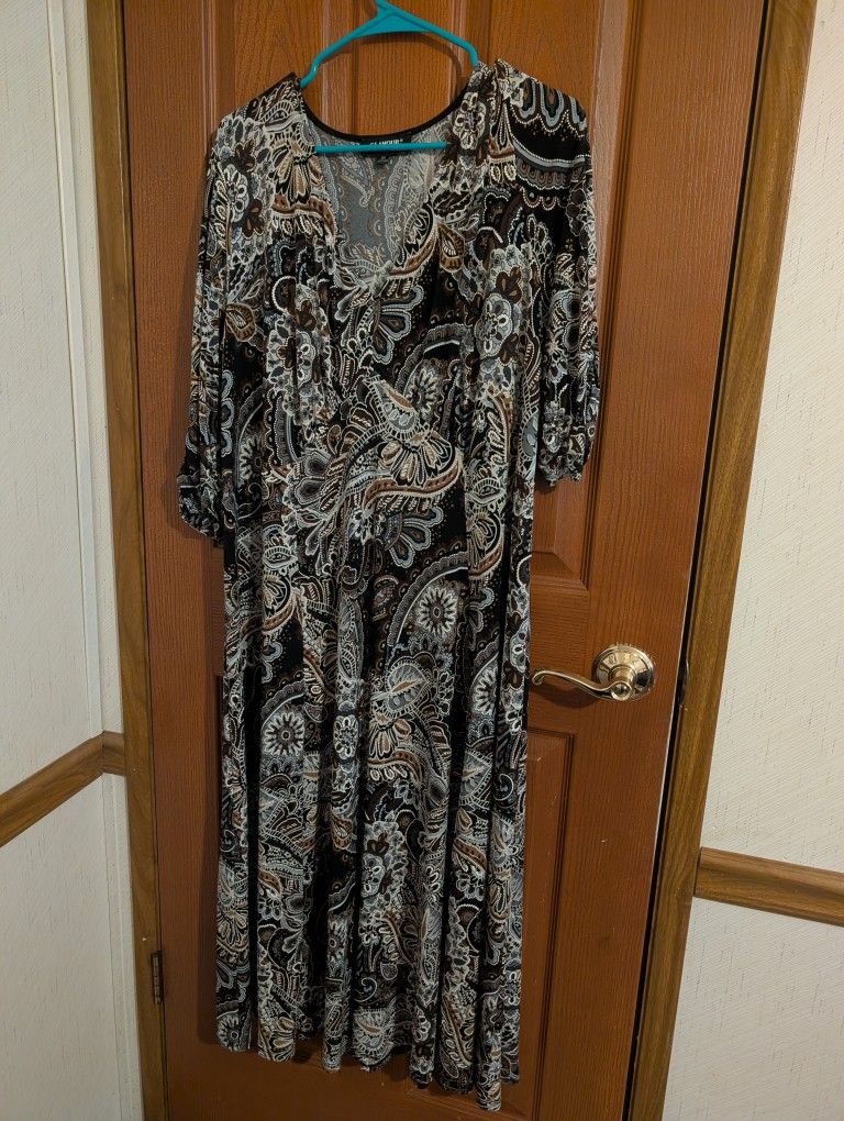 Brown Paisley Pattern Dress By Glamour, Size 18W