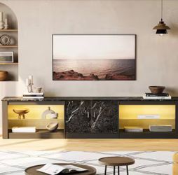 80 in. Black Marble TV Stand Fits TV's Up to 85 in. with Cabinet and Adjustable Glass Shelves