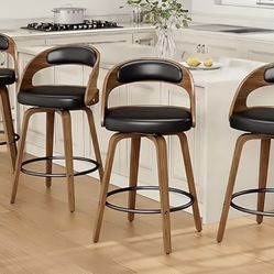 NEW 4x Black Faux Leather Wood Counter Stools 26” Height 