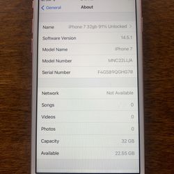 iPhone 7 Rose Gold 32gb Unlocked 91% Battery Clean