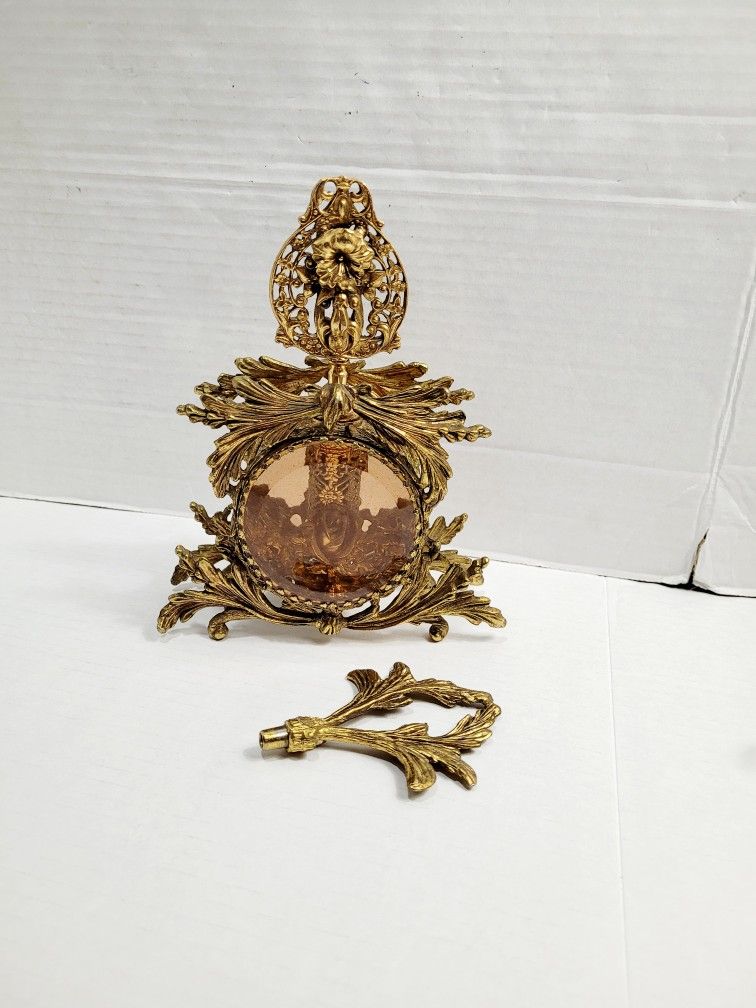 Vintage Amber Glass Gold Ormolu Ornate Perfume Bottle + Extra Stopper