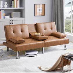 Modern Faux Leather Convertible Futon Sofa Bed with Cup Holders, Brown