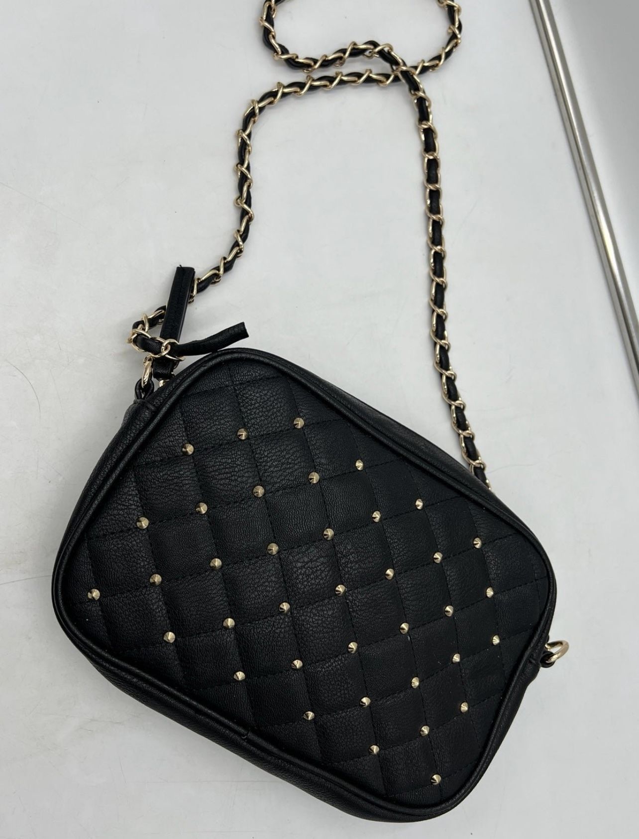 Black leather Call It Spring quilted rhinestone embellished crossbody bag