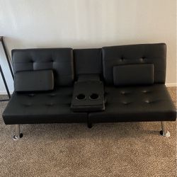 Leather Futon w/ Pillows & Cup Holders